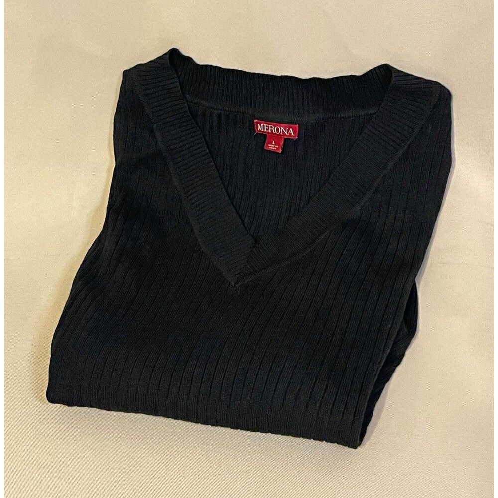 Merona Women's Black Rib-Knit V-Neck Pullover Sweater Long Sleeve Size L